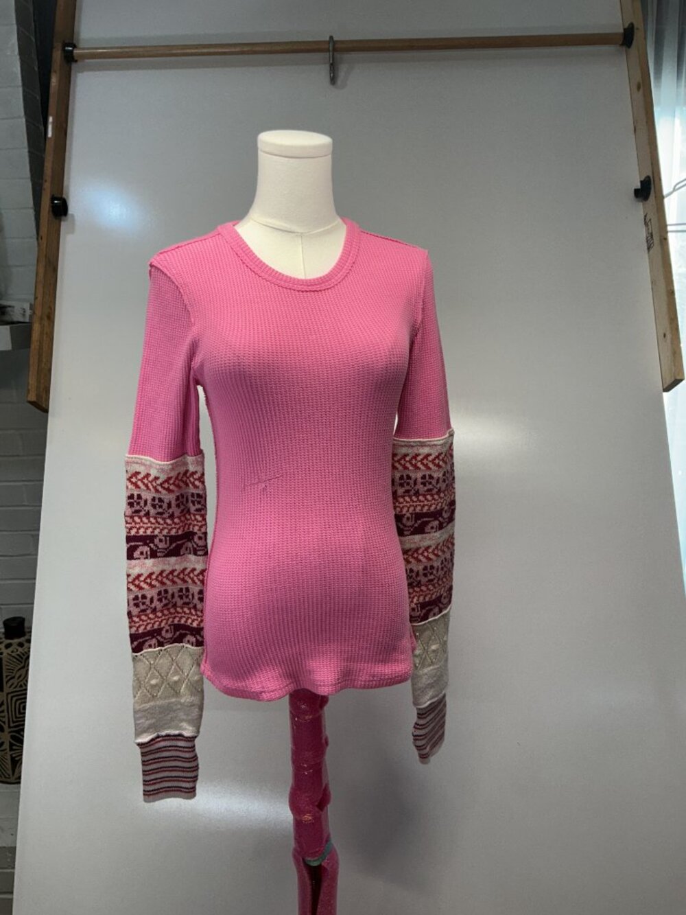 We The Free M Pink Thermal Top Fair Isle Patchwork Long Sleeve Boho - Picture 8 of 13